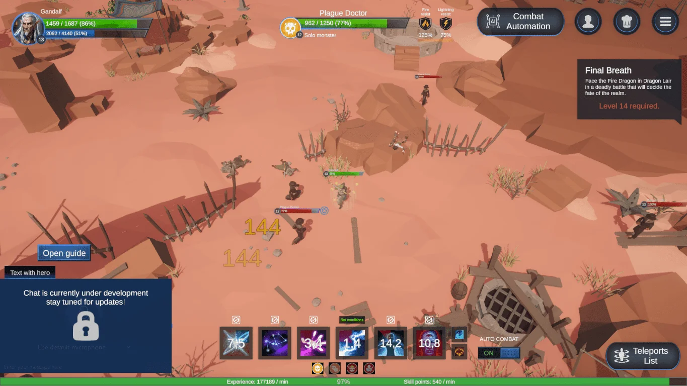 Pre-release Dominus Automa combat scene with an offline progression report